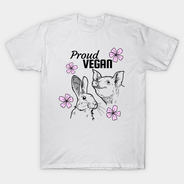 Proud vegan design featuring pig, rabbit and pink flowers T-Shirt by Purrfect